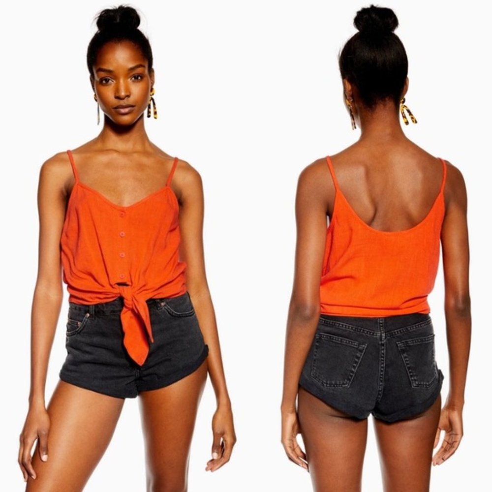 New Topshop Polly linen tie front button down dainty strap cropped cami tank top